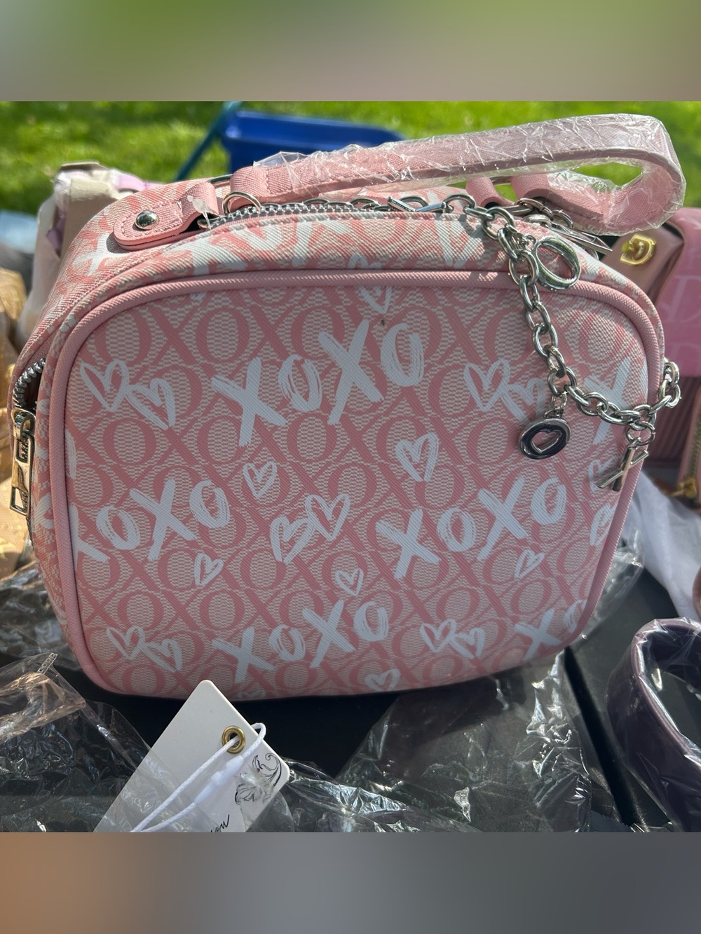 XOXO Pink Logo Print Crossbody with Chain Charm